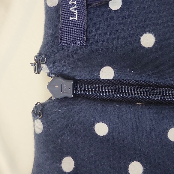 LANDS' END Navy Blue White Polka-dot Top Faux Wrap Side Ruched Knit Dress - Picture 9 of 12